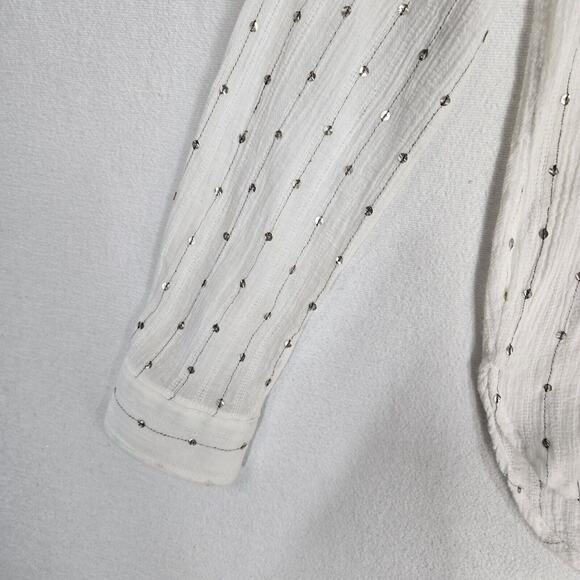 Feather Bone Gauzy Top Blouse Shirt Sz M White Sequins Accents Button Front Boho - Picture 5 of 14